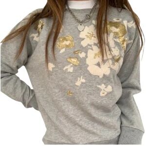 J. Crew Women's Gray Sweatshirt Floral White Gold Embroidered